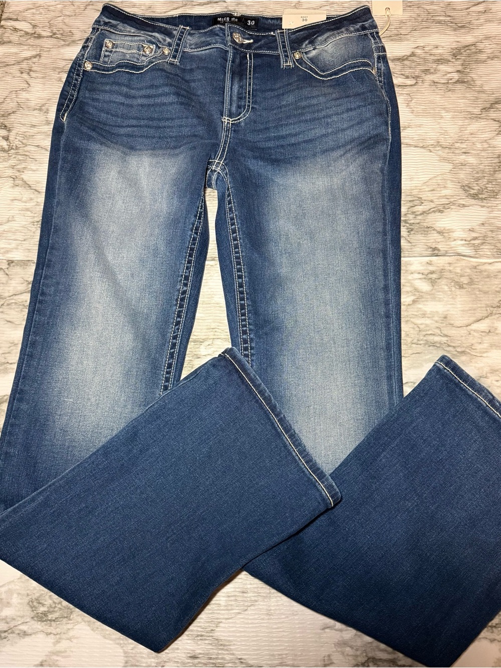 NWT Miss Me Jeans 30x34 Mid Rise Boot Dark Wash Dreamcatcher Pocket Stretch $134 - Picture 4 of 6